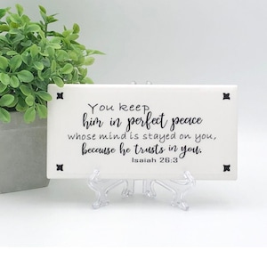 Isaiah 26:3 Ceramic Tile Sign - Christian Home Decor with Easel