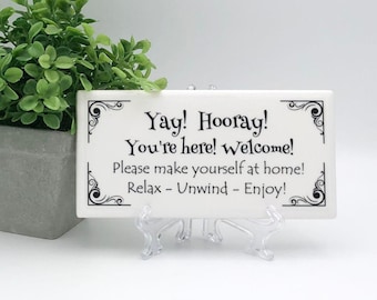 Guest Room Welcome Sign: AIRBNB, VRBO, Rental - Ceramic Tile with Easel