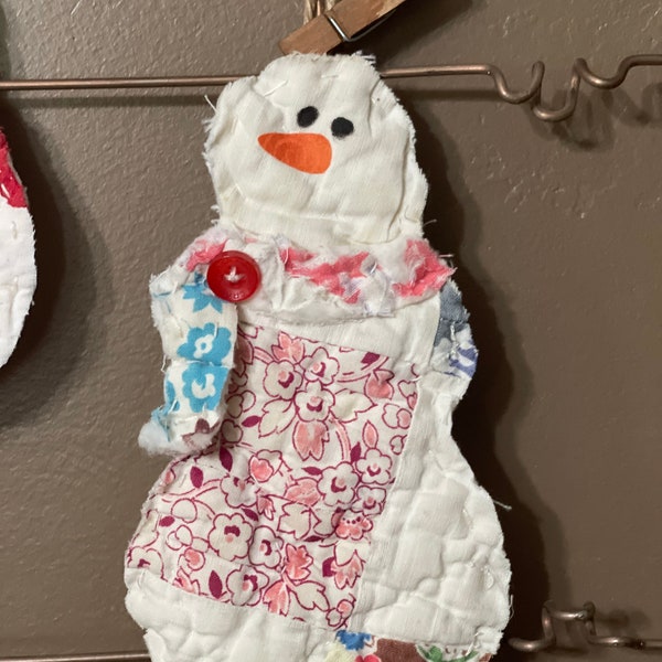 Vintage quilt snowman Christmas ornament