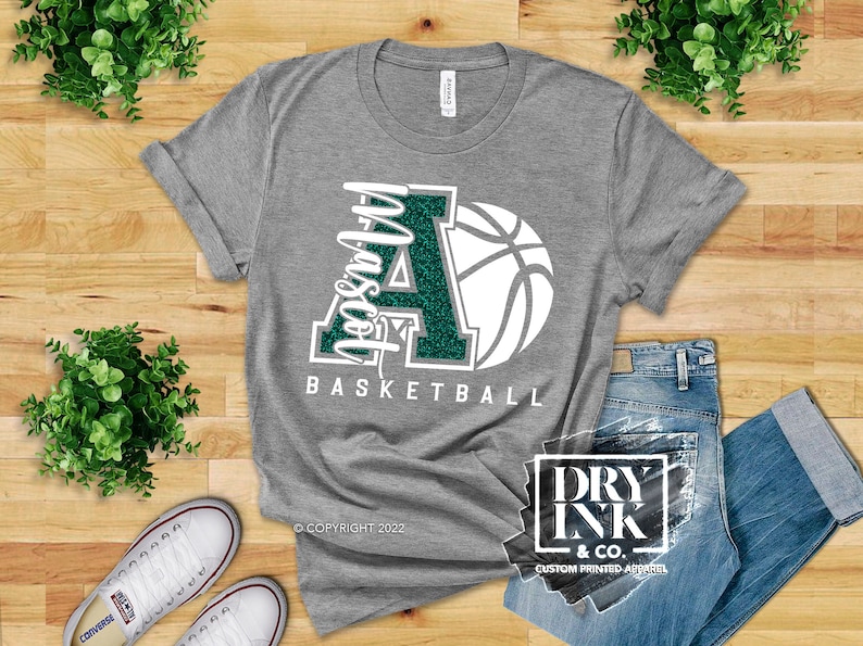 Personalized Glitter Varsity Letter with Script Mascot Name and Basketball on Unisex Adult Tshirt