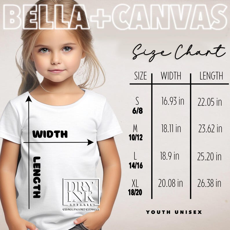 BELLA CANVAS 3001y TSHIRT SIZE CHART