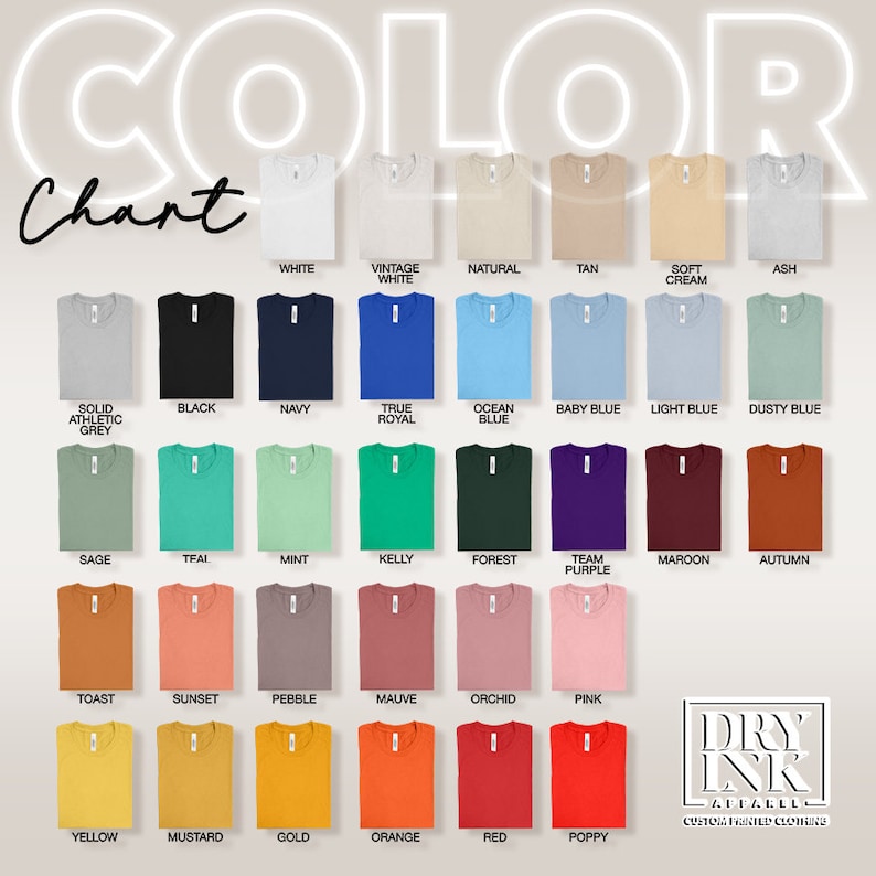 BELLA CANVAS 3001 TSHIRT COLOR CHART