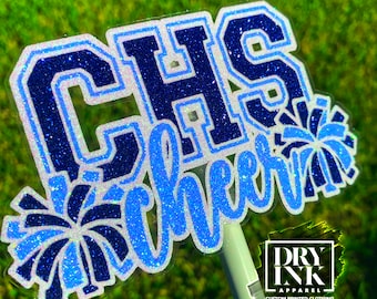 Custom Cheer Stickers, School Initials and Cheer with Pom Poms, Glitter Cheer Bucket Stickers, Glitter Cheer Sticker