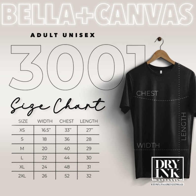 BELLA CANVAS 3001 TSHIRT SIZE CHART