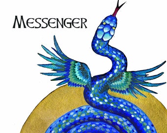 Messenger, blue feathered serpent familiar spirit watercolor print