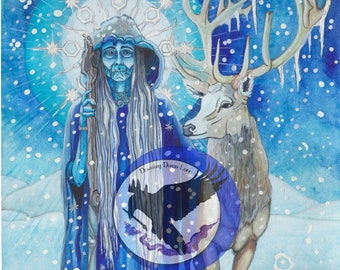 Cailleach .... Winter Geister und Yuletide Kreaturen Göttin Hexe Traditionelle Aquarell Malerei