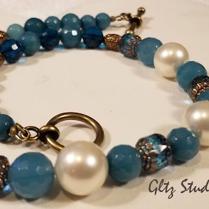 Faceted Blue Quartz, Cathedral Czech Glass & Glass Pearl Necklace w/Swarovski Crystals And  Shibuichi Metal Beads