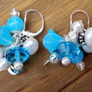 Sterling Silver Cluster Earrings w/Swarovski Crystals, Czech Glass, Glass Pearls & Sterling Silver Beads, Bead Caps And Lever Back Wires