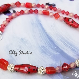 Vintage Artisan Lampwork & Sterling Silver Necklace w/Swarovski Crystal And Czech Glass Beads
