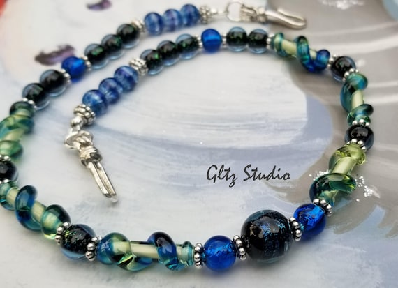 Glitzs Jewels Sterling Silver Blue Millefoiri Glass Round Necklace 18