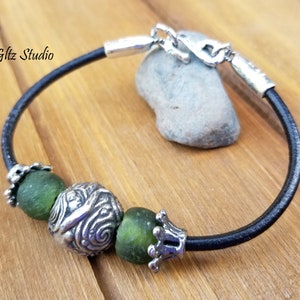 Pewter Mermaid Bead & European Leather Bracelet w/Recycled Glass, Silver Artisan Bead Caps And Sterling Silver Cord Ends And S-Hook Closure