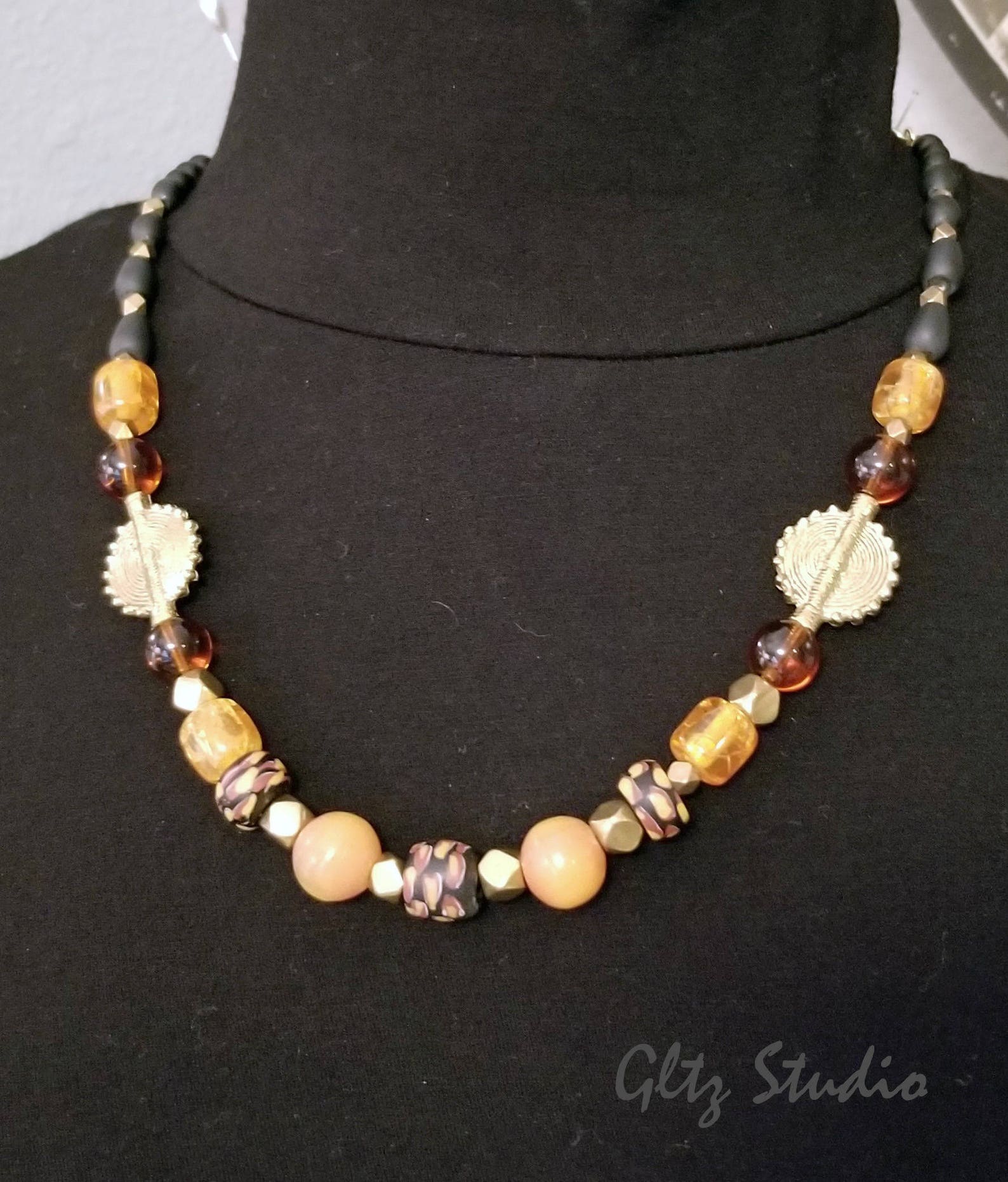 Trade Bead Necklace W/african Glass Beads Brass Sun Etsy
