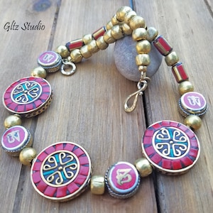 Handcrafted Tibetan Brass Beaded Necklace w/Inlaid Coral, Turquoise & Brass Tibetan Om Inlay