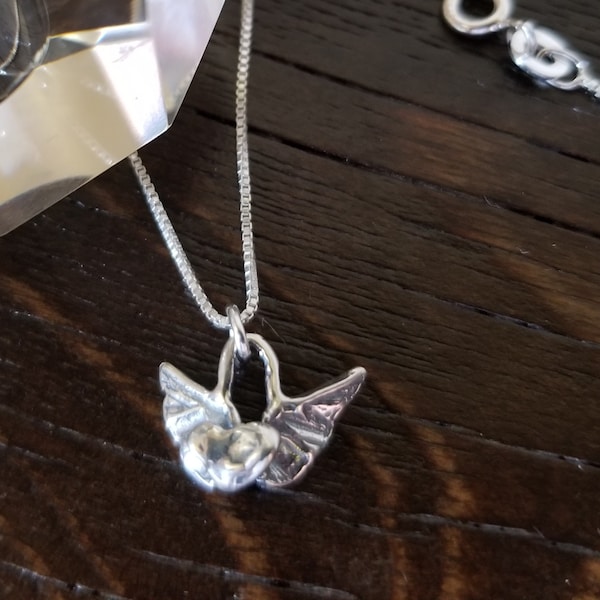 Tiny Sterling Silver Artisan Angel Wing & Heart Charm w/18" Dainty Italian Sterling Silver Curb Chain - Hallmarked 925