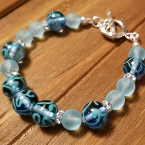 Blue Swirls Czech Glass, Swarovski Crystals, Sea Glass & Sterling Silver Bracelet