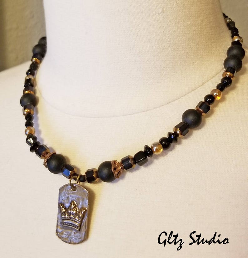 Bronze Crown Pendant Necklace wVCzech Cathedral Glass Shibuichi Metal Vintage Czech Glass /& Saki Bronze Toggle Clasp