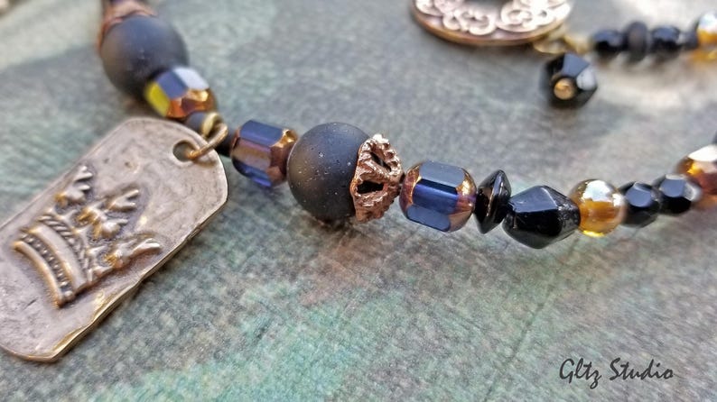 Bronze Crown Pendant Necklace wVCzech Cathedral Glass Shibuichi Metal Vintage Czech Glass /& Saki Bronze Toggle Clasp
