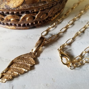 Dainty Artisan Angel Wing Charm Necklace in Gold Bronze w/Delicate 14k Gold Plated Box Cable Link Chain, Long Strand