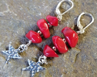 Vintage Red Coral Gemstone Earrings, Dangle Style, Sterling Silver Artisan Dotted Star Charms With Sterling Silver Leverbacks