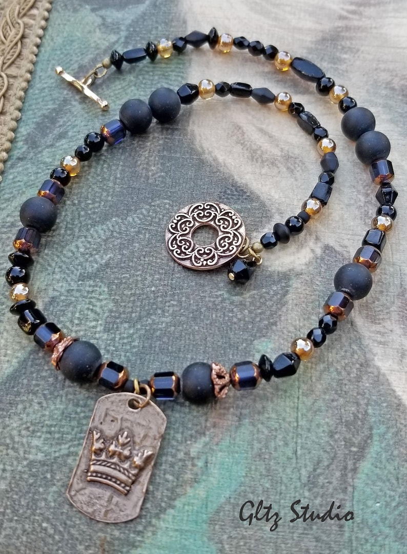 Bronze Crown Pendant Necklace wVCzech Cathedral Glass Shibuichi Metal Vintage Czech Glass /& Saki Bronze Toggle Clasp