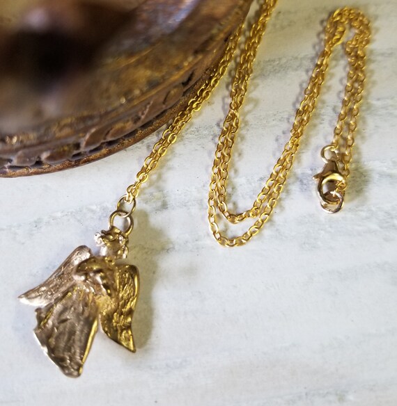 Dainty Artisan Double Sided Gold Bronze Angel Pendant Necklace W Delicate 14k Plated Rolo Chain Lobster Clasp