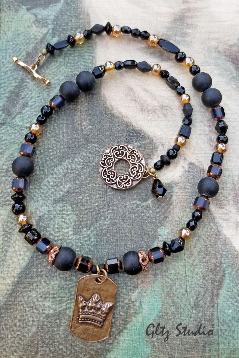 Bronze Crown Pendant Necklace wVCzech Cathedral Glass Shibuichi Metal Vintage Czech Glass /& Saki Bronze Toggle Clasp