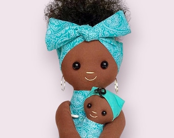 Mom and Baby Black Doll: Detachable Baby, Handmade. Cotton Fabric