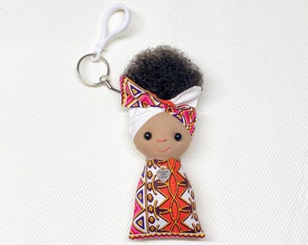 Black Doll Keycain. Bag Charm. African American. African fabric.