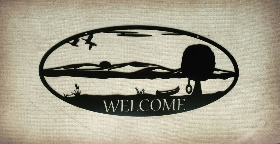 Welcome Sign DEER Oval Door Plaque Bucks in Trees and Mountains Metal Wall Art