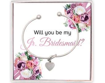 Dama de honor junior, Propuesta de dama de honor, Caja de regalo personalizada con inicial para dama de honor, Pulsera "Ata el nudo", Propuesta de dama de honor,