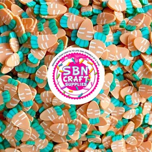 May include: A close-up shot of a pile of polymer clay carrot slices. The carrots are peach-colored with white stripes and teal green tops. A circular sticker with the text "SBN CRAFT SUPPLIES" is in the center.