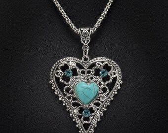 Vintage Turquoise Tibetan Silver Heart Necklace