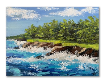 Hawaii Painting Oahu Beach Art Dawn Island Artwork Original Small Watercolor Tropical Seascape Art by ArtLopatina