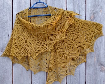 Delicate Wool Lace Shawl, Handmade Knitted Lace Cape, Knitted Crescent (or sickle-shaped) Shawl, Mustard Green Colour, Excellent Party Shawl