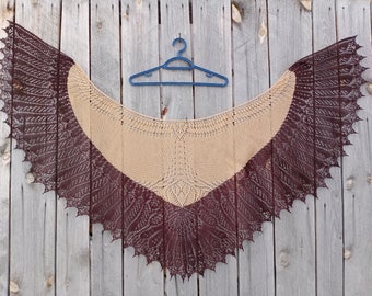 Two-tone Wool Lace Shawl, Handmade Knitted Lace Wrap, Large Shawl of Unusual Shape, Coffee Simurg Shawl, Gift for Birthday, Gala Shawl, Cape