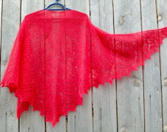 Large red lace shawl, Red mohair and silk shawl, Bright scarlet cape, Handmade knitted lace shawl, Elegant knit accessory, Gala Shawls Wrap