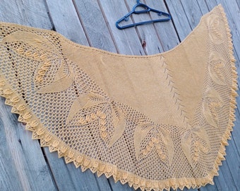 Yellow Wool Lace Shawl, Handmade Knitted Lace Wrap, Knitted Semicircular Bactus, Yellow Lily of the Valley Shawl, Wedding Gift, Gala Shawl