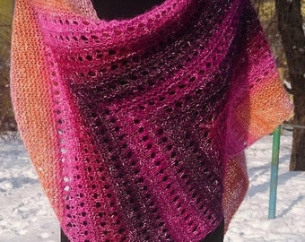 Boho cotton shawl, Asymmetrical triangular wrap, Handmade knitted colorful bactus, Multicolor striped knitted shawl, Raspberry Field shawl