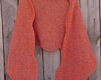 Knitted Brioche wool shawl, Brioche 2-colored wool knitted wrap, Orange and brown knitted Brioche two colored bactus, the best gift shawl