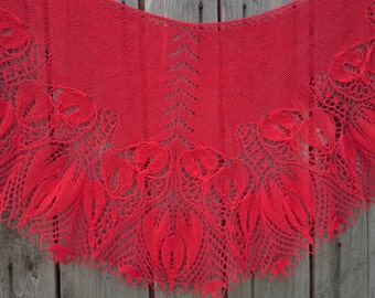 Red wool lace shawl, Beautiful border semi-circular shawl, Knitted woolen lace wrap, Lace wedding shawl, The best gift shawl for Birthday