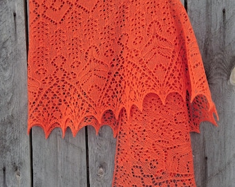 Knitted Lace Shawl, Lace Wool Wrap, Knitted Wool Shawl, Knitted Semicircular Shawl, Orange bactus scarf wrap, Gift for Birthday, Gala Shawls