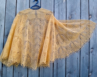 Big size semicircular shawl, Handmade knitted lace wrap, Yellow knitted wedding shawl, The best knitted lace wrap for a gift, Gala Shawls