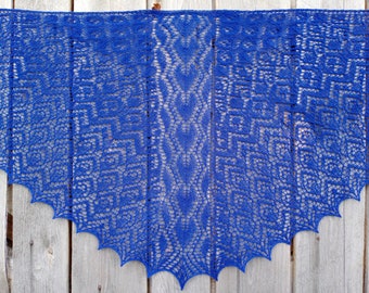 Blue Knitted Lace Shawl with Beads, Handmade Knitted Lace Wool Cape, Bride Wedding Gift, Knitted Lace Bactus,Party Shawl Knitted Woolen Cape