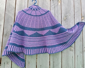 Large Delicate Wool Knitted Shawl, Handmade Knitted Cape, Half Circle Shaped Knitted Shawl, Blue Purple, Great Gift Shawl