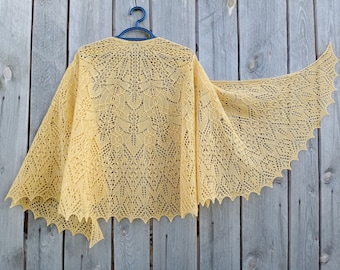 Yellow Knitted Lace Shawl, Lace Wool Wrap, Handmade Knitted Wool Shawl, Knitted Gold Semicircular Shawl, Shawl Gift for Birthday, GalaShawls