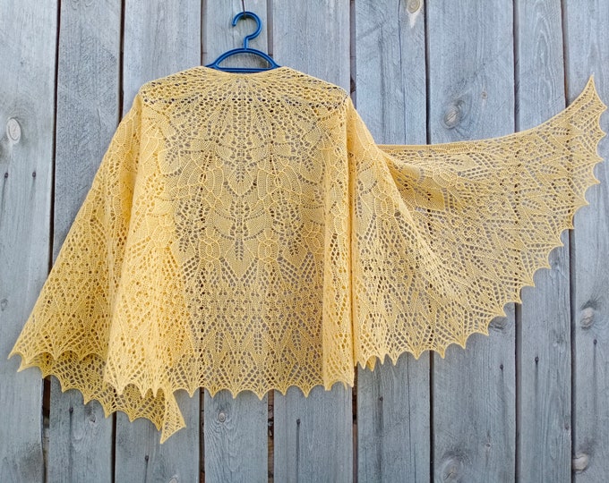 Yellow Knitted Lace Shawl, Lace Wool Wrap, Handmade Knitted Wool Shawl, Knitted Gold Semicircular Shawl, Shawl Gift for Birthday, GalaShawls