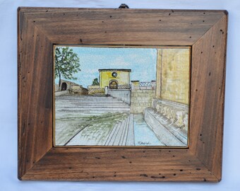 Handmade hand-painted Castelli ceramic tile with frame