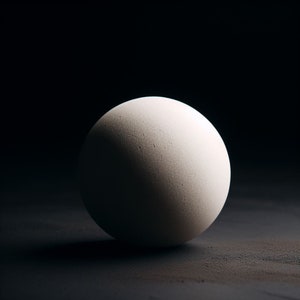 Peut inclure: Une sphère blanche avec une surface texturée repose sur un fond sombre.