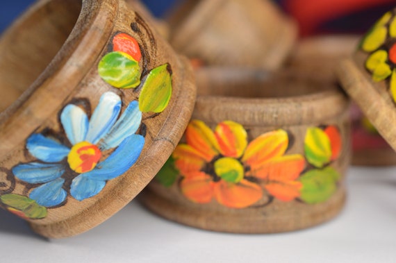 Rond De Serviette En Bois Imprimé Fleurs – Vintage Années 1920-1940