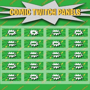 May include: A set of 16 green and yellow comic book style Twitch panels with white text. The panels are labeled with words like "About", "Commands", "Donate", "Discord", "Instagram", "Music", "Social", "YouTube", "Specs", "Rules", "Schedule", "Twitter", "Partnership", "Subscribe", "Twitch", and "YouTube".